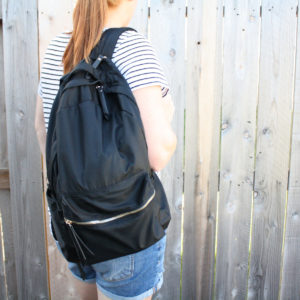 backpack over shoulder