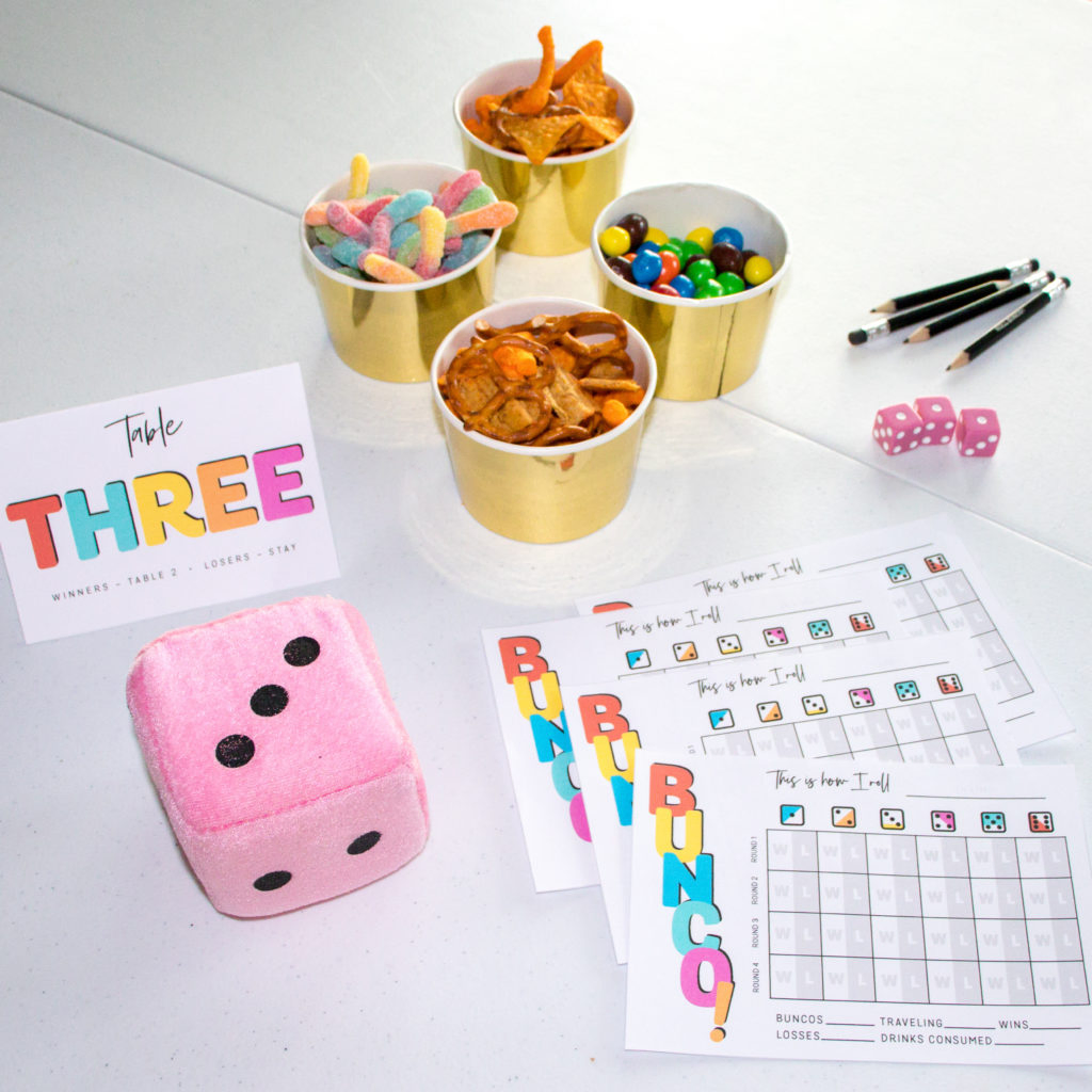 Everything you need to play bunco! Score card, table card, dice, pencils and of course, snacks!