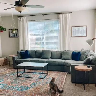 A living room with a diy plant hanger in the corner