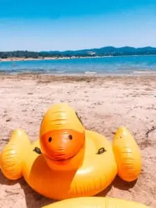 a blow up duck at a lake