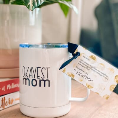 Okayest Moms coffee mug with a free printable tag