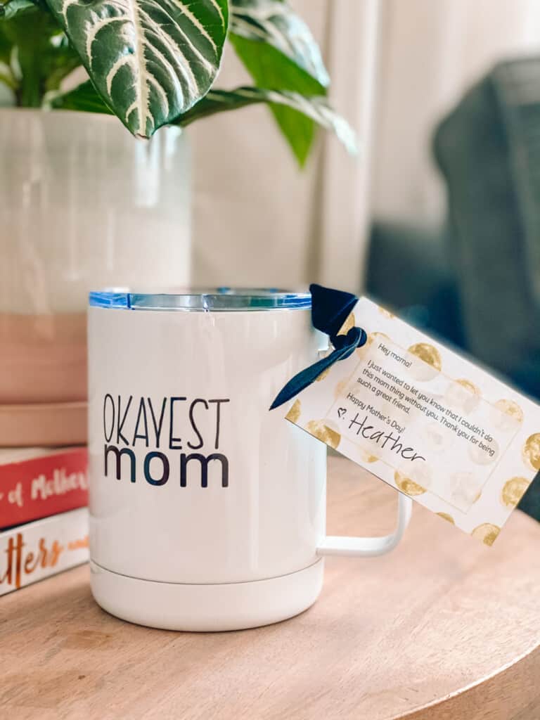 Okayest Moms coffee mug with a free printable tag